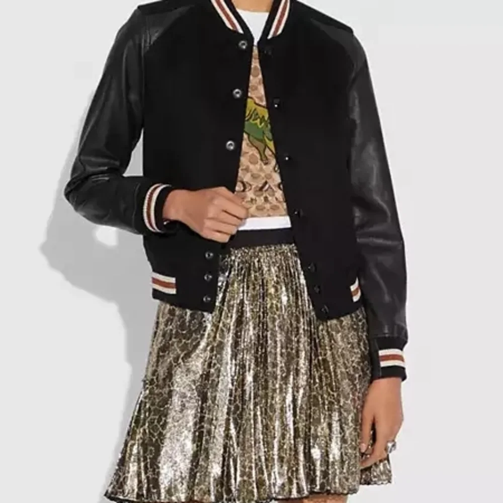 Coach Black Varsity Jacket with Athletic Stripe Accents Misses Size Small